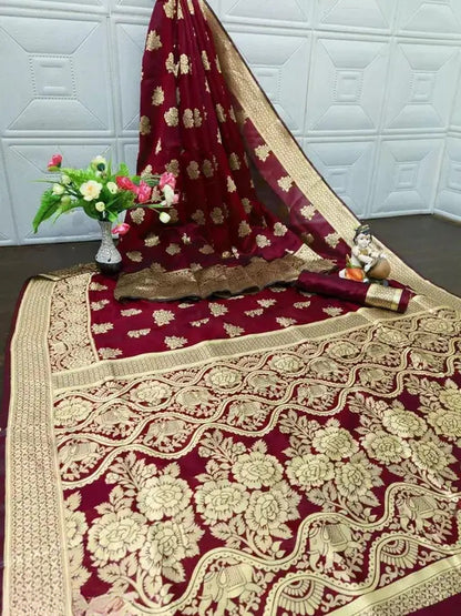 Maroon Kanjivaram Silk Saree with Golden Zari Floral Weaving & Traditional Broad Border